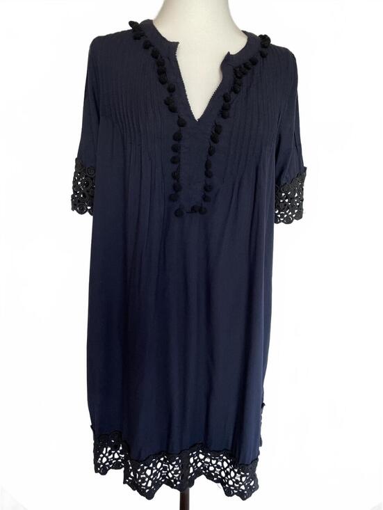Hinge Dresses & Skirts - Hinge Women's Navy Blue Mini Dress with Pom Pom and Lace Trim XS